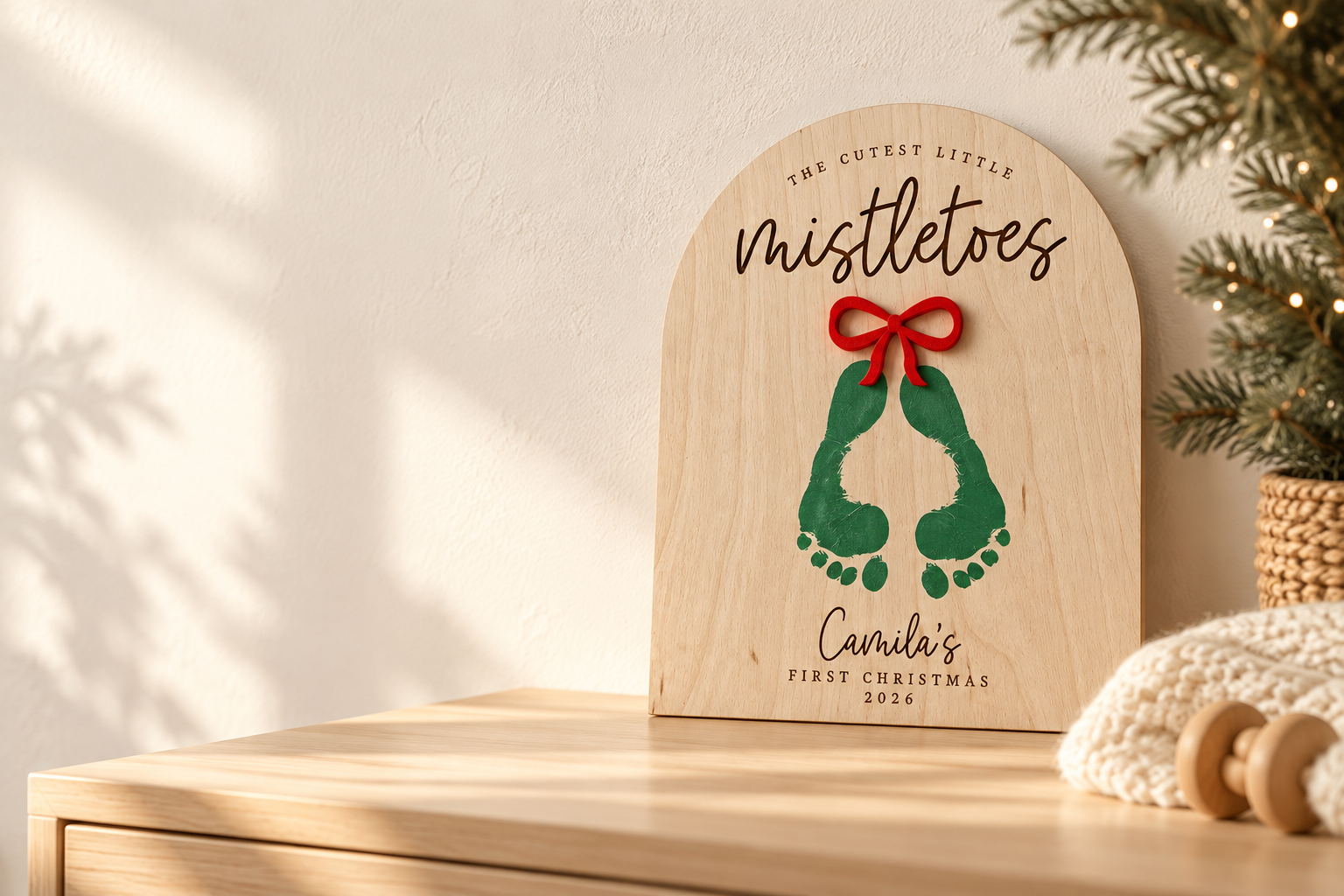 Personalised first Christmas footprint keepsake on a sunlit nursery shelf